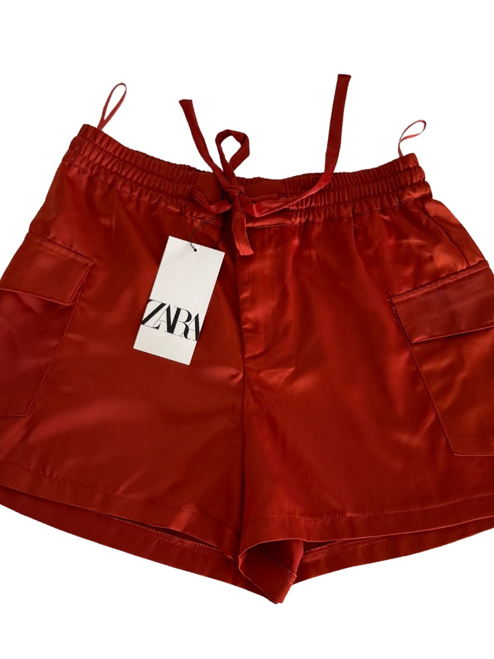 ZARA Scarlet Satin High-Waist Cargo Shorts